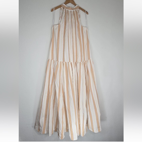 STAUD Dresses & Skirts - STAUD Marlowe Striped Dress Halter Tie Neck Midi Dress Tan White Size L Womens